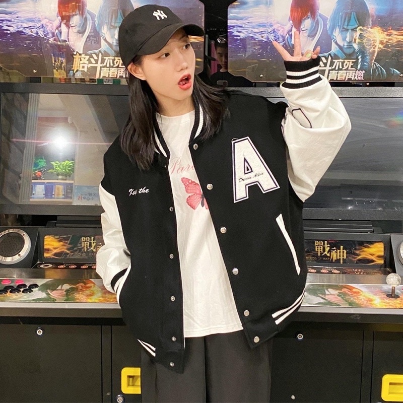 Áo Khoác Varsity Nỉ, tay Da, Full Thêu Chữ A Varsity Jacket nam nữ