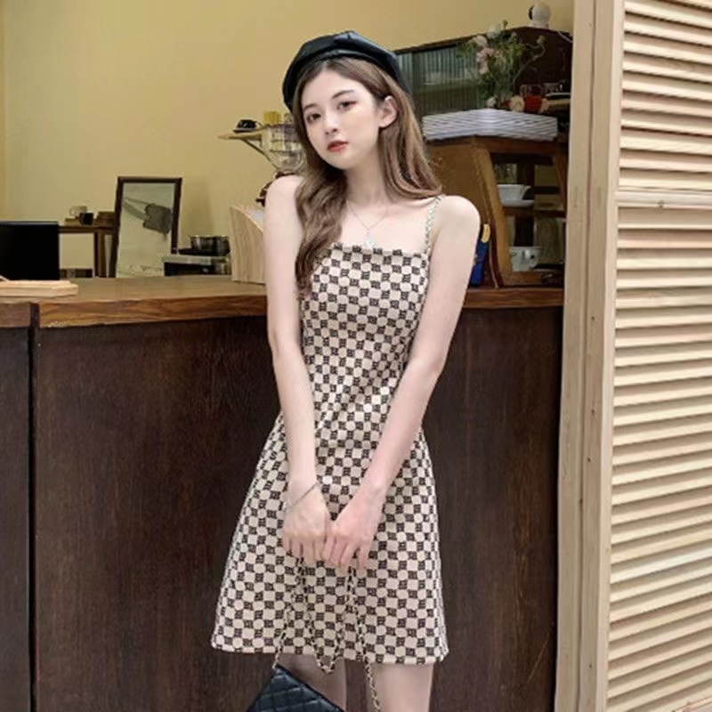 Đầm Hai Dây Họa Tiết Ca Rô Phong Cách Cổ Điển Cho Nữ