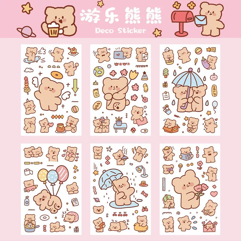 Hình dán sticker gấu siêu siêu cute vĩ 6 miếng nhiều hình khác nhau trang trí sổ tay, máy tính, laptop, góc học tập