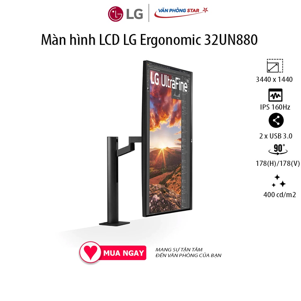 Màn hình LCD LG Ergonomic 32UN880 (3840 x 2160/IPS/60Hz/5 ms/FreeSync) Tỷ lệ 16:9 1 x DisplayPort 1.4, 2 x HDMI, 1 x USB