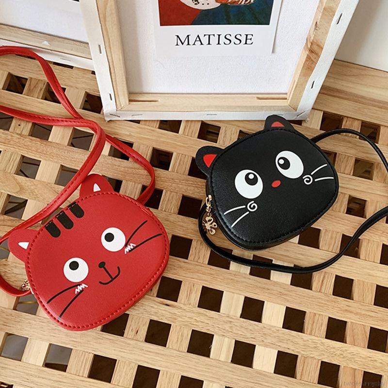 Túi đeo chéo da PU in họa tiết mèo hoạt hình dễ thương thời trang cho bé