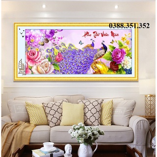 Tranh ĐÍNH ĐÁ + thêu chữ thập thanh lý chim công phu thê viên mãn MÀU TÍM