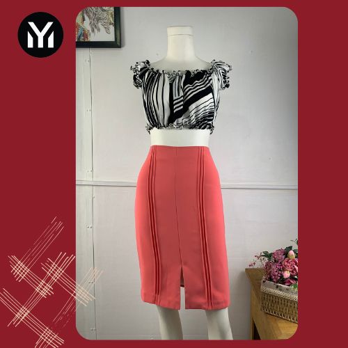 Váy Midi Có Lót, Trang Trí Hai Hàng Ly Thân Trước, Thời Trang Công Sở, Thanh Lịch, Lịch Sự