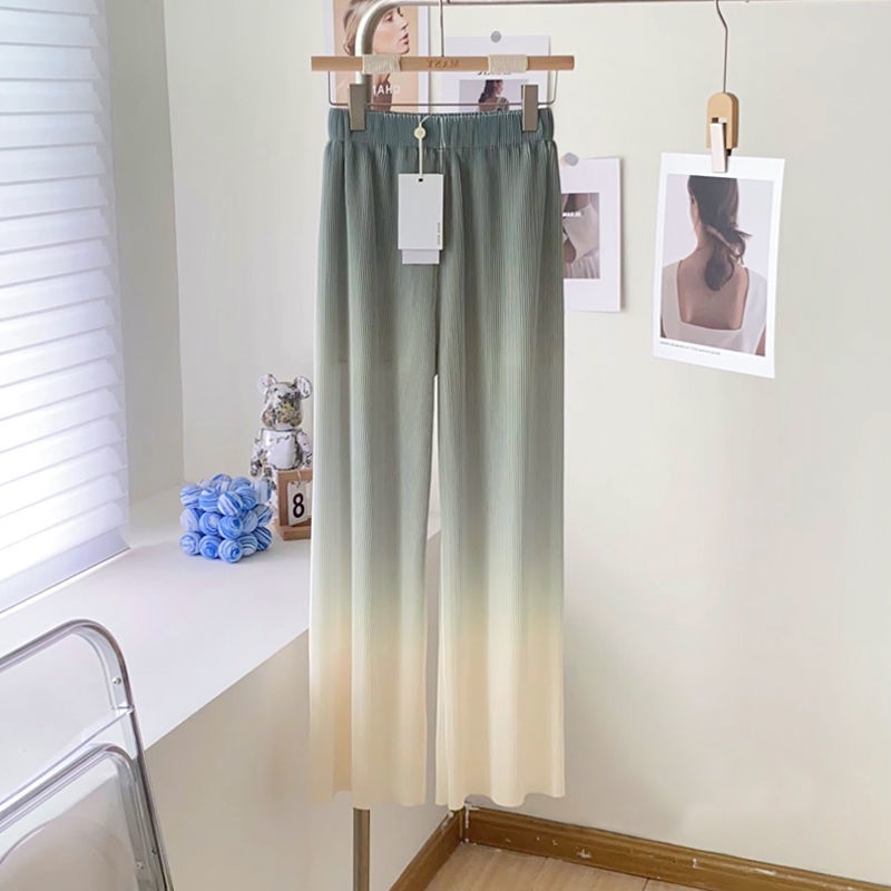 Quần Ống Rộng Xếp Ly Màu Xanh Lá gradient Phong Cách Đồng Quê