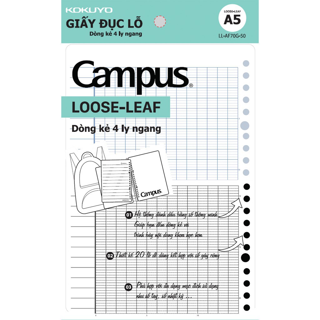 Giấy Refill Thay Lõi Cho Còng Binder Campus Loose Leaf Túi 50 Tờ Đơn Khổ A5