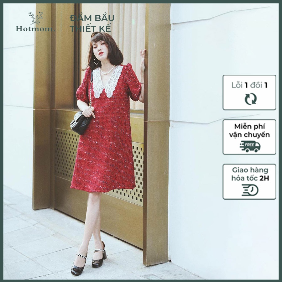 Đầm Dạ Tweed Cổ Ren Siêu Xinh