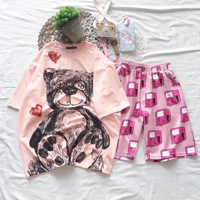 [COMBO TIẾT KIỆM] 10 Mẫu Set Cartoon Unisex Áo Thun Tay Lửng 3D Ảnh Thật