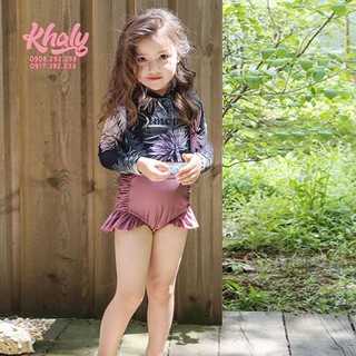 Set đồ bơi trẻ em kèm nón bơi hình hoa màu đen hồng cho bé gái size L,XL - 69NDBHOADH