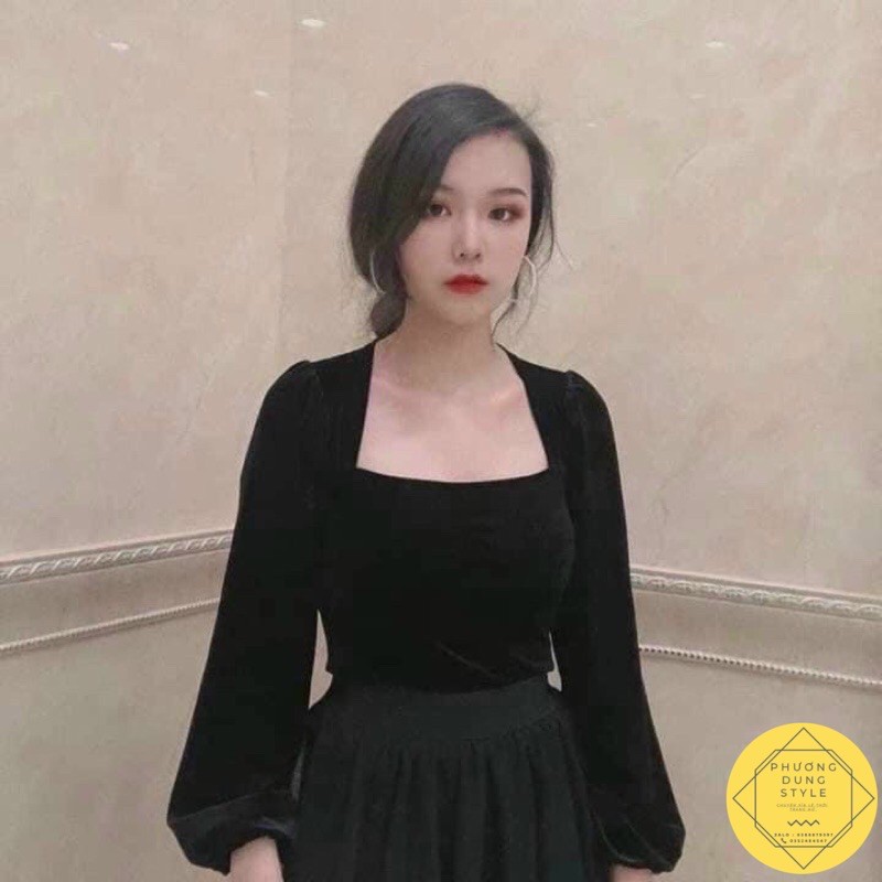 Áo nhung kiểu cổ vuông có mod ngực