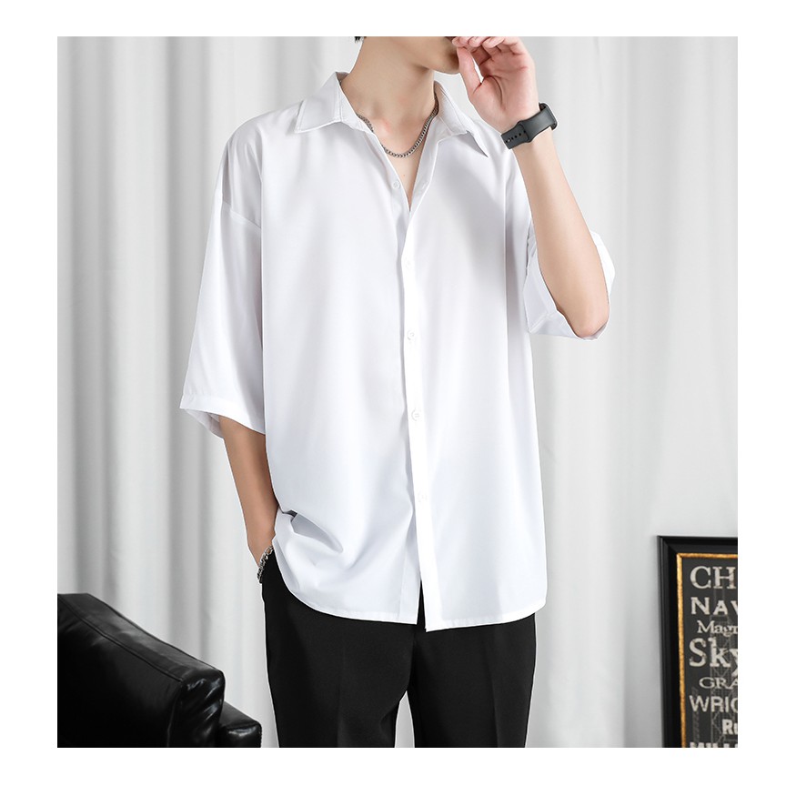 Áo sơ mi rộng tay ngắn OVERSIZE màu trắng đen kiểu Giấu Nút form rộng UNISEX nam, nữ vải lụa mềm mát SMN01 | BigBuy360 - bigbuy360.vn