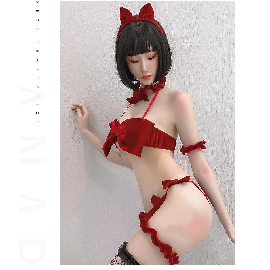 Set nội y nhung phối nơ lớn gợi cảm hóa trang nàng thỏ cho nữ