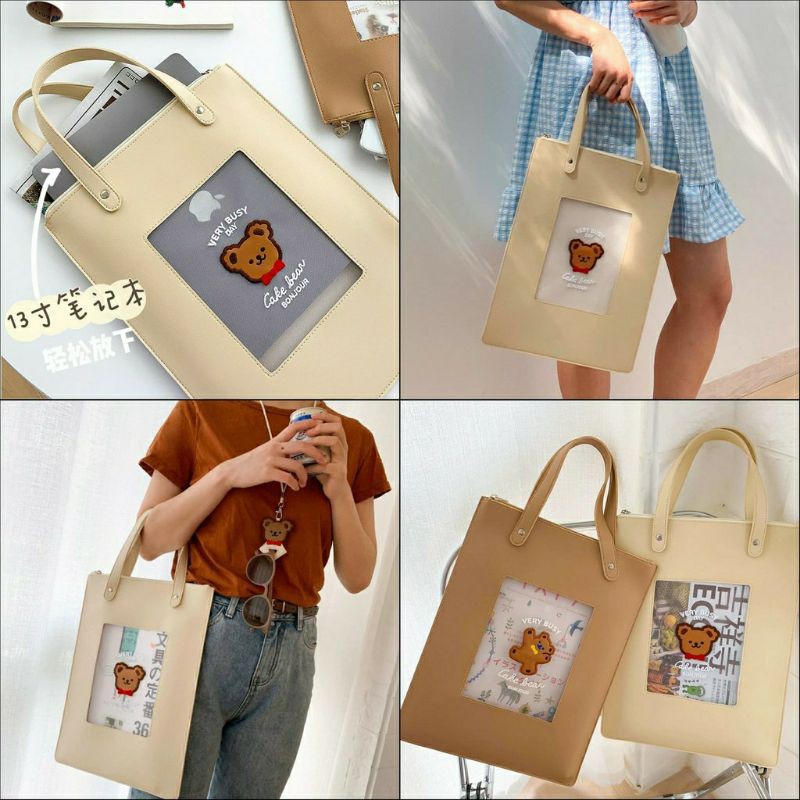Túi tote da PU A4 13" dọc đựng laptop Macbook / Ipad / tài liệu da PU Bentoy Milkjoy hoa tulip và gấu cake bear