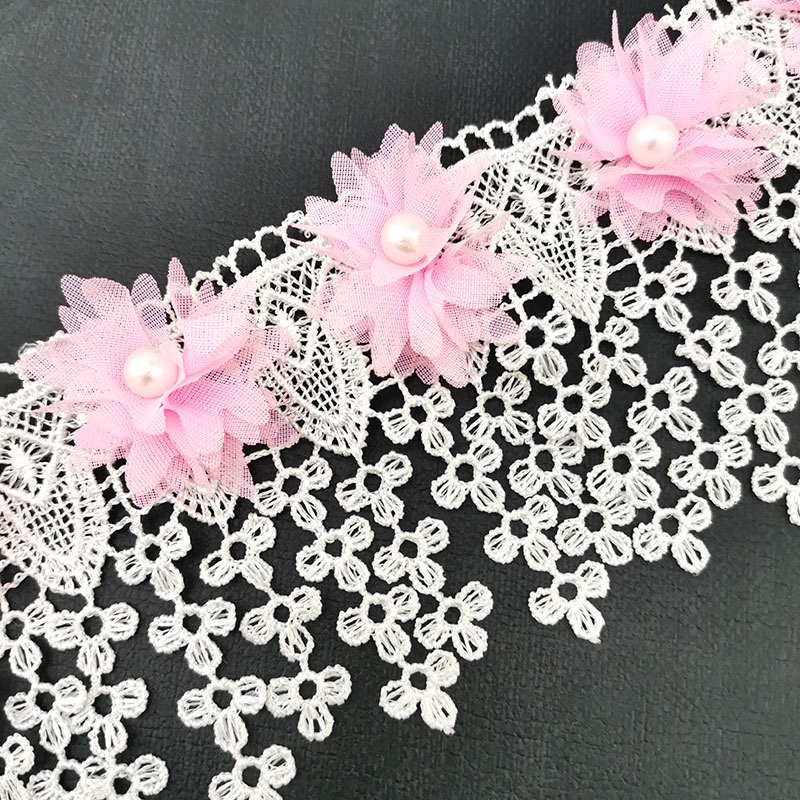 Cuộn Dây Ren Hoa Đính Ngọc Trai Giả Dài 1 Yard 8cm Dùng Để Trang Trí Quần Áo DIY