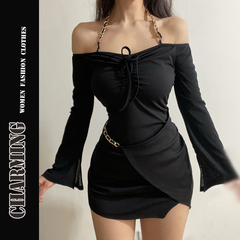 Đầm Ngắn Trễ Vai Tay Loe Dài Màu Trơn Thời Trang Cho Nữ