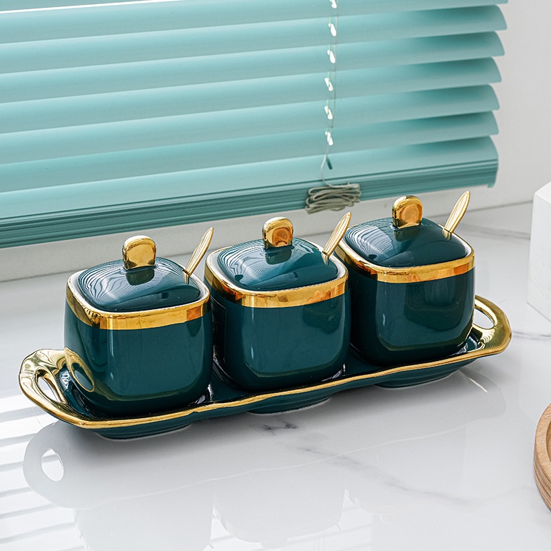 Hũ Gia Vị Gốm Sứ Cao Cấp Viền Vàng Phong Cách Bắc Âu Bộ 3 Hũ Có Thìa Và Khay