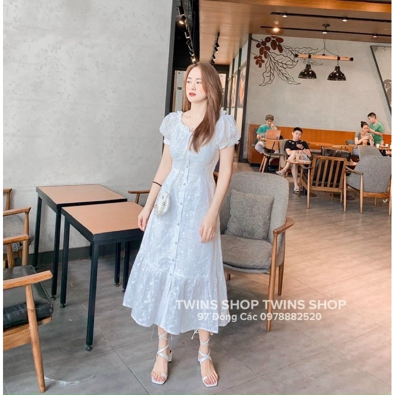 Đầm trắng midi ren hoa đuôi cá