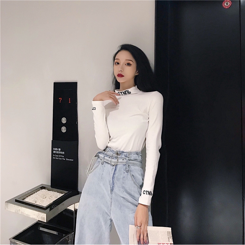 Áo thun nữ cổ lọ tay dài màu trơn đơn giản thời trang Hàn Quốc