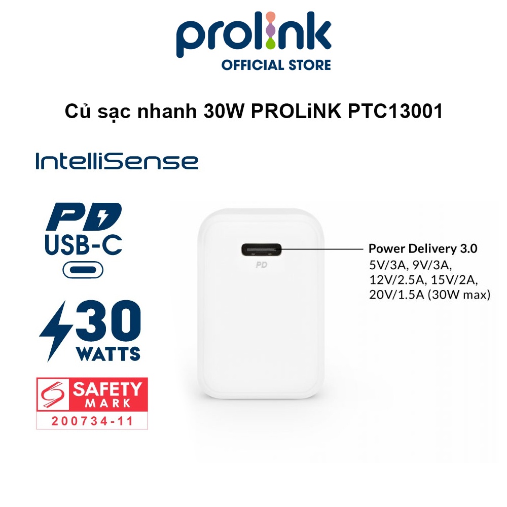 Củ sạc nhanh 30W PROLiNK PTC13001, 1 cổng USB-C, IntelliSense, PD 3.0, sạc siêu nhanh cho điện thoại, máy tính bảng