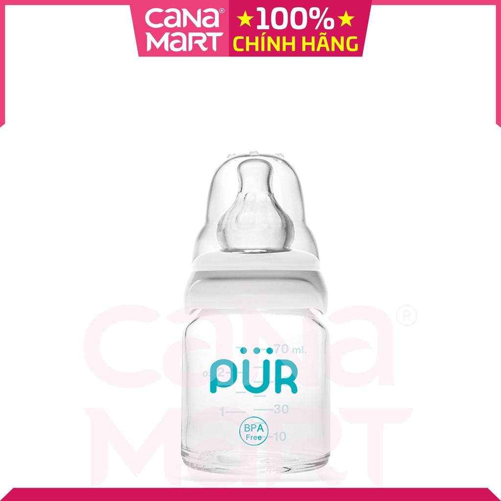 Bình sữa cho bé bằng thủy tinh cao cấp Pur 60ml (1201) không chứa BPA, Núm ti có van chữ V giúp lưu thông khí