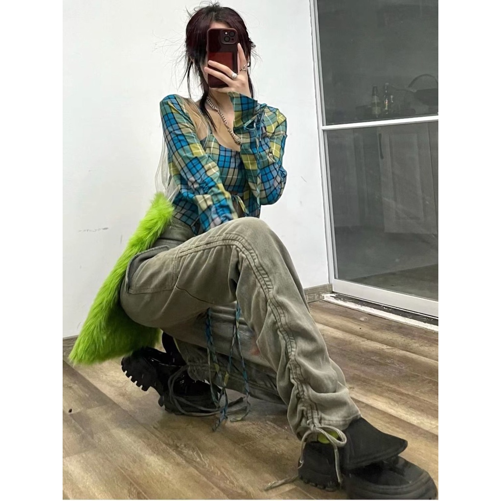 Quần Jeans Lưng Cao Ống Rộng Thiết Kế Dây Rút Phong Cách Đường Phố Mới Mùa Hè Cho Nữ