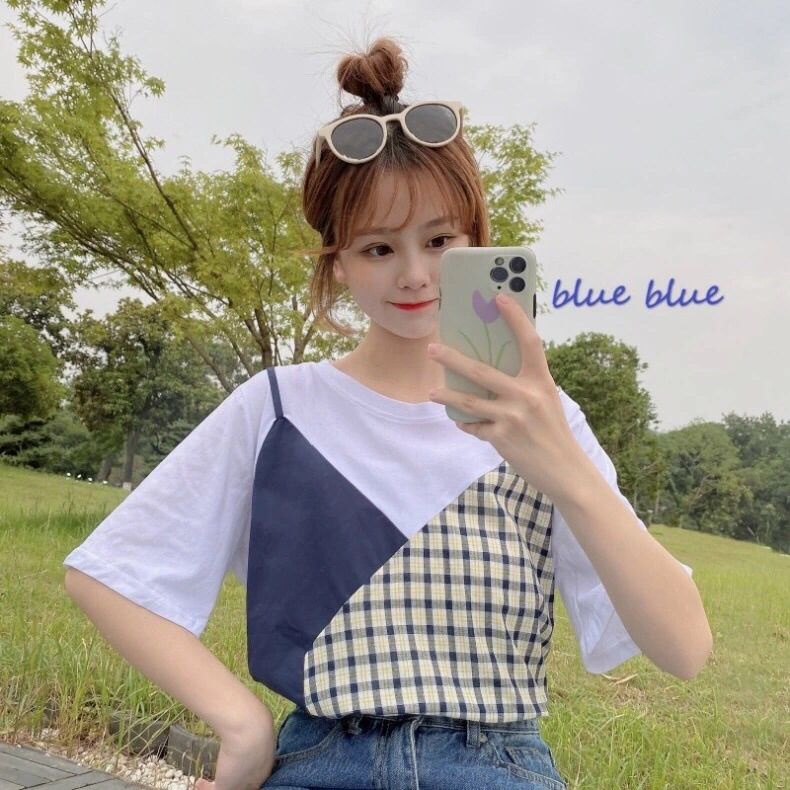Áo Thun Giả Hai Mảnh Tay Ngắn Dáng Rộng Thời Trang Xuân Hè Năm 2021 Cho Bạn Gái