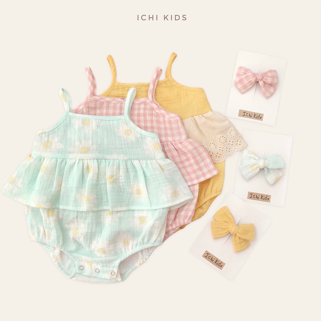 Romper, bodysuit, body hoa cúc cho bé sơ sinh, bé gái vải xô muslin