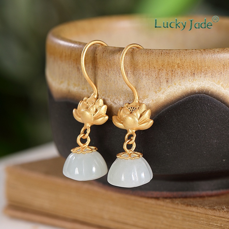 Bông Tai Mạ Vàng 18K Đính Ngọc Bích Trắng Phong Cách Trung Quốc