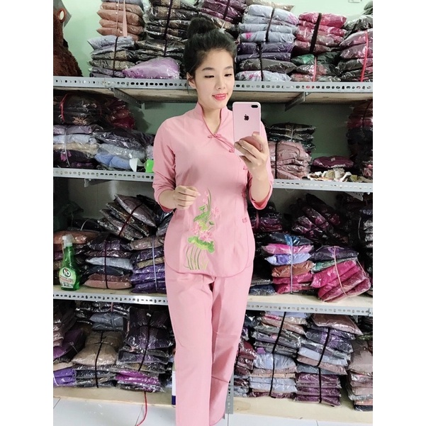 Đồ lam đi chùa Bộ Phật Tử Cổ Tàu Cài Chéo Thêu sen Tay lỡ Vải Kate mịn nhập không nhăn - Anle Store