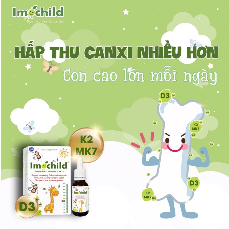 IMOCHILD Vitamin D3 K2 MK7, DHA hỗ trợ trẻ hấp thu Canxi