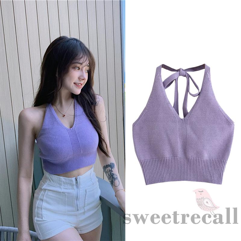 Áo Croptop Dệt Kim Cổ Chữ V Không Tay Thời Thượng Cho Nữ
