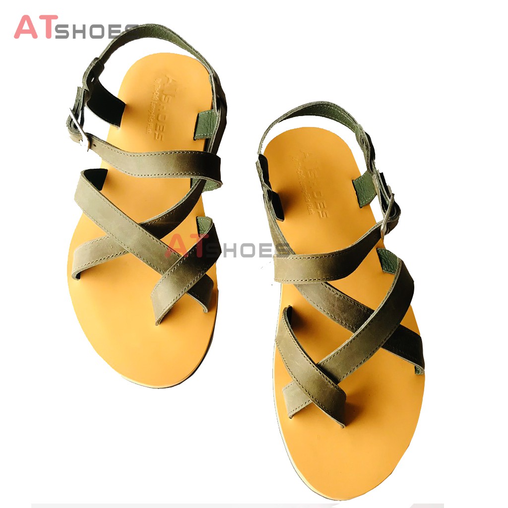 Dép Sandal Unisex cao cấp Da Bò Thật Sandal xỏ ngón nam nữ chuẩn kiểu Hàn Quốc Trẻ Trung Atshoes AT40(Rêu)