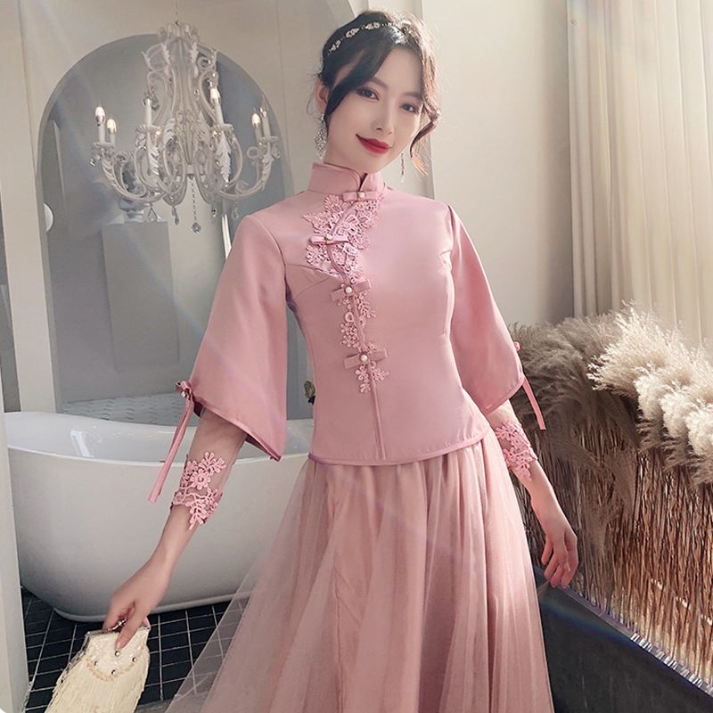 Đầm phù dâu dáng dài kiểu Trung Hoa thanh lịch sành điệu