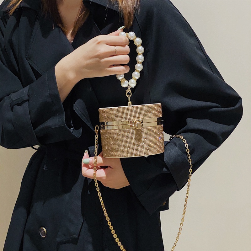 Túi đeo chéo IELGY kiểu hình trụ đính đá sáng bóng phối dây ngọc trai thời trang nhỏ gọn dành cho nữ