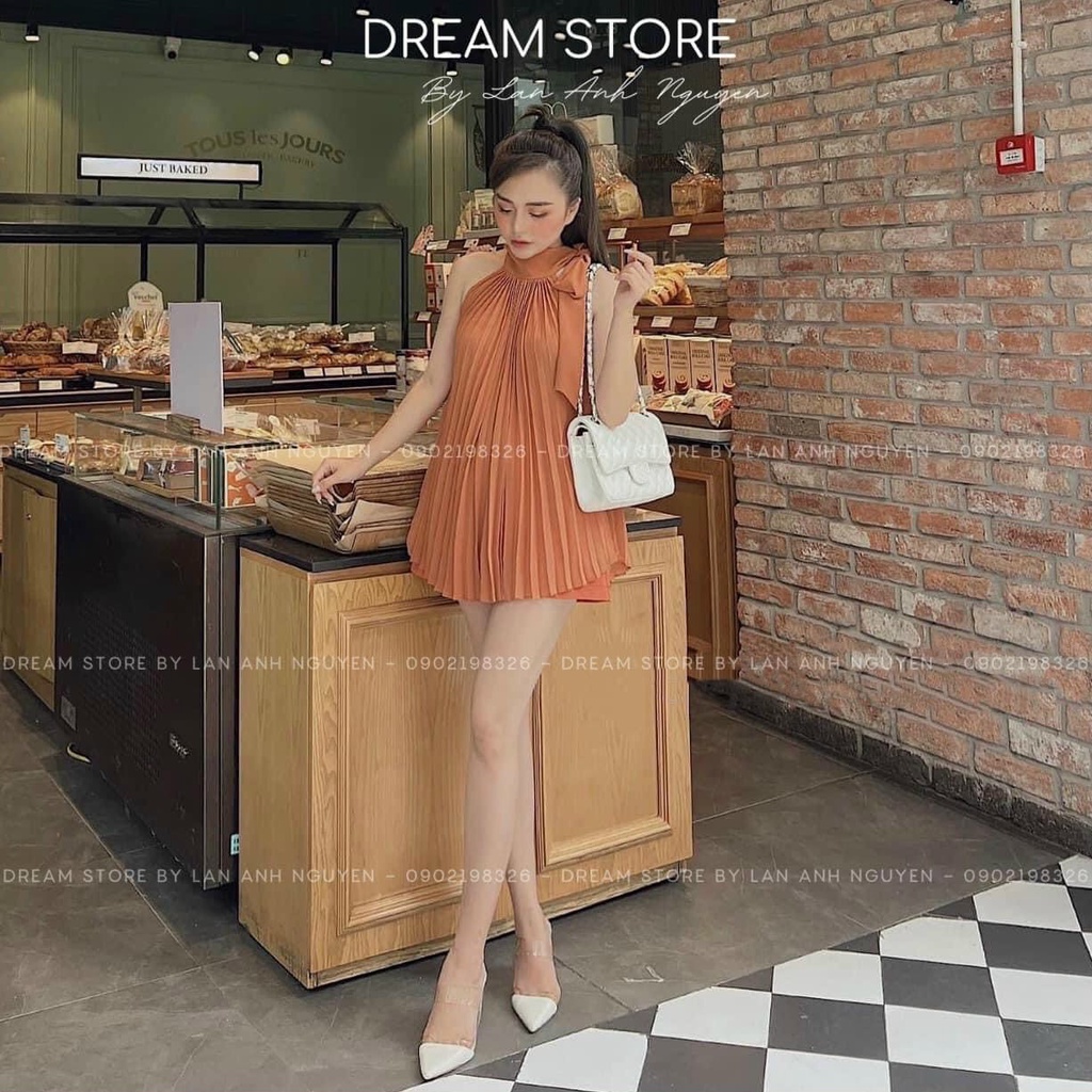 [8.8 Sales Freeship] Set tiểu thư nữ, set bộ đùi dập ly cổ yếm cột nơ mix quần sooc đùi bánh bèo, dễ thương