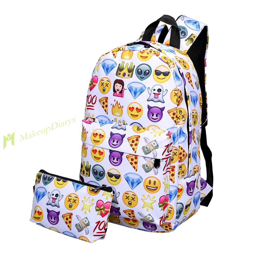 Set 2 món gồm ba lô + túi đeo chéo + ví cầm tay chất liệu nylon in họa tiết mặt cười 3D thời trang