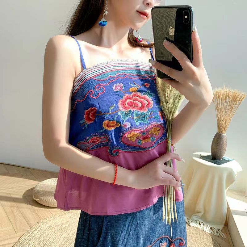 Áo Hai Dây 100% Cotton Thêu Họa Tiết Phong Cách Dân Tộc Thời Trang Cho Nữ