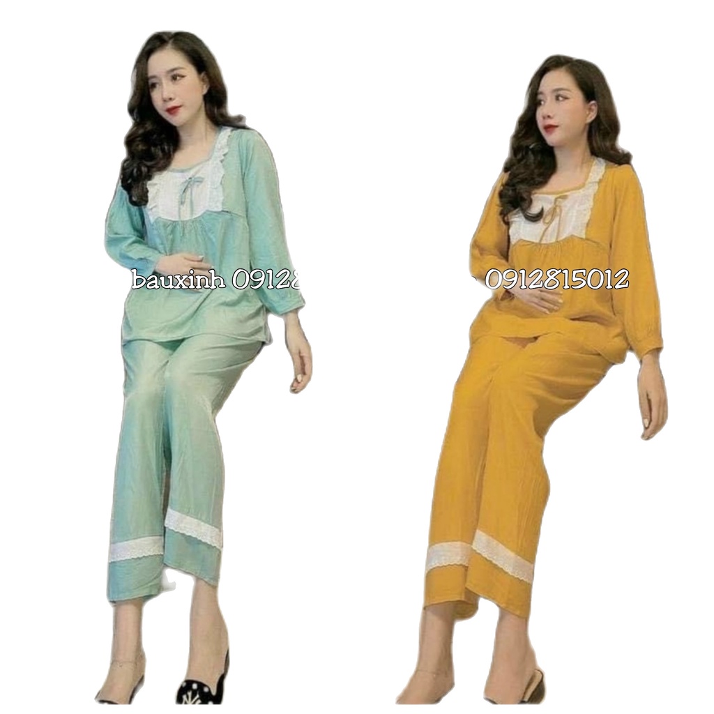Bộ bầu và sau sinh - bộ bầu mặc nhà nơ ngực phối viền ren trắng ở ngực freesize đến 70kg Xoài Boutique
