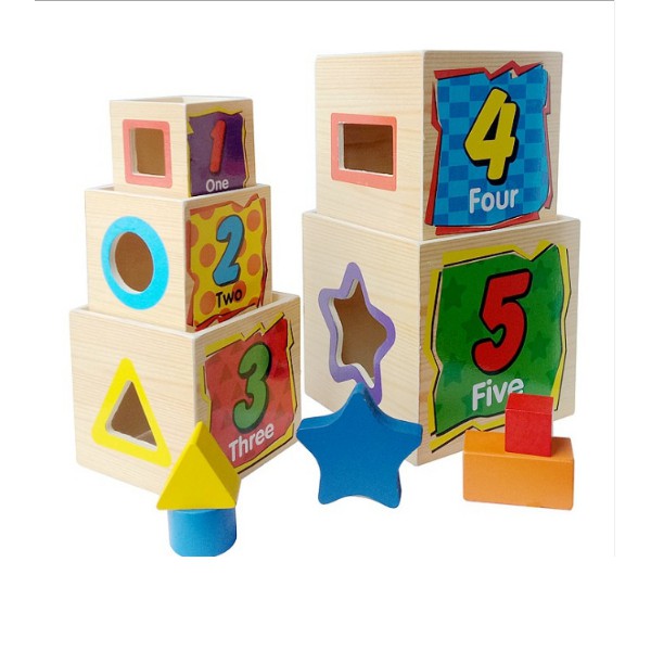 Đồ chơi hộp thả khối gỗ, xếp tháp 5 tầng lớp phát triển tư duy cho bé