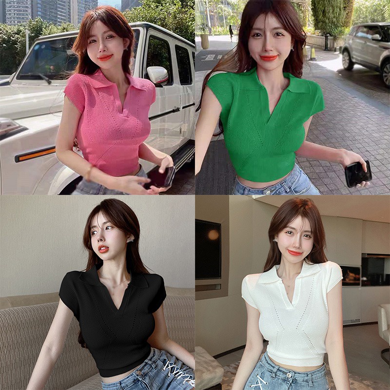 Áo Thun Croptop Dệt Kim Tay Ngắn Màu Sắc Trơn Thoáng Khí Phong Cách Hàn Quốc Cho Nữ