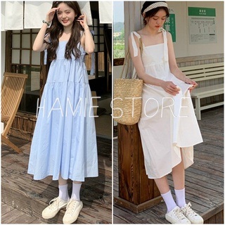 Váy babydoll nơ vai maxi dáng dài đầm dáng xòe HV134, váy tiểu thư bánh bèo 2 dây