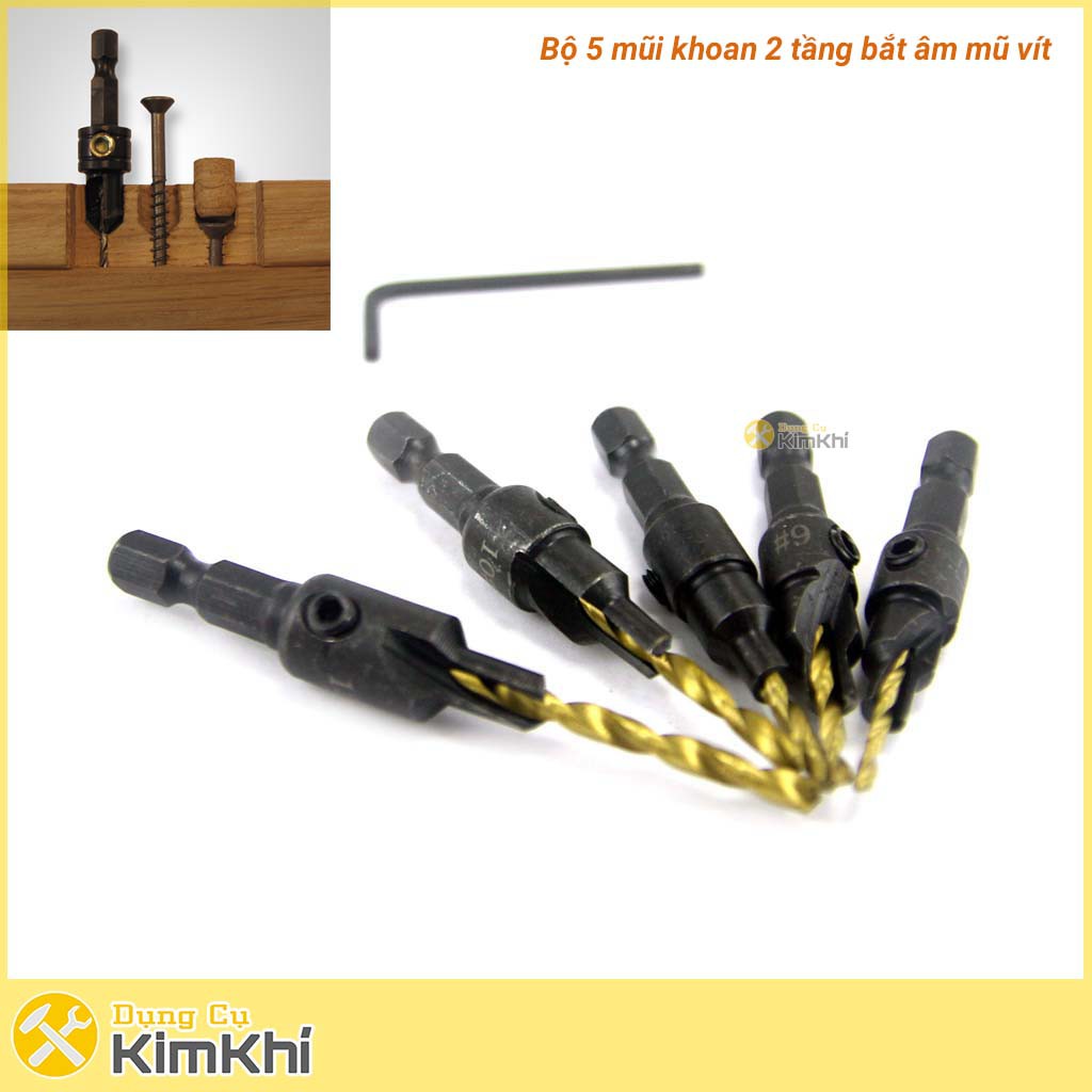 Bộ 5 mũi khoan 2 tầng chỉnh cữ bắt âm mũ vít 2-3.55mm khoan gỗ nhôm đuôi chuôi lục giác