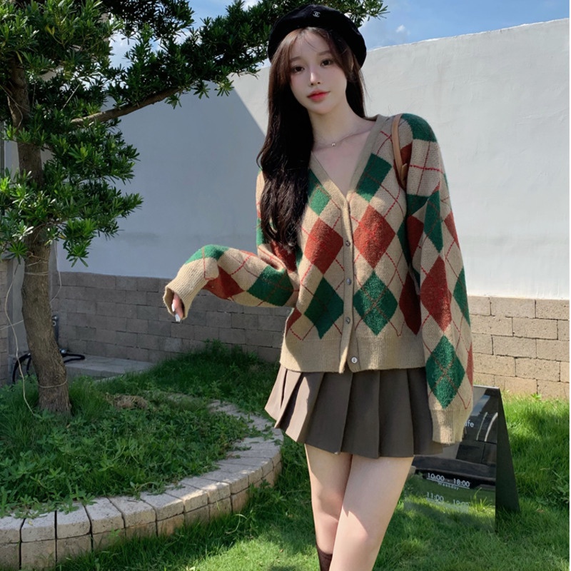 Áo khoác cardigan Pure Cube dệt kim tay dài họa tiết hình thoi ngọt ngào thời trang mùa thu cho nữ