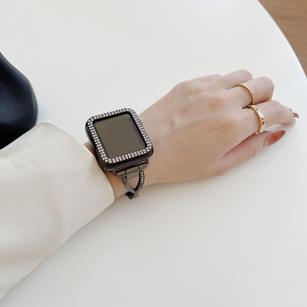 Dây đeo kim loại sợi xích nhỏ + ốp thích hợp cho đồng hồ Apple watch serise 7 6 5 4 SE 3 2 1 iWatch 38mm 40mm 42mm 44mm