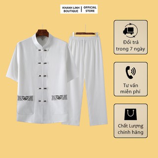 Bộ đũi nam , áo sơ mi cổ tàu chất liệu đũi mộc 100%