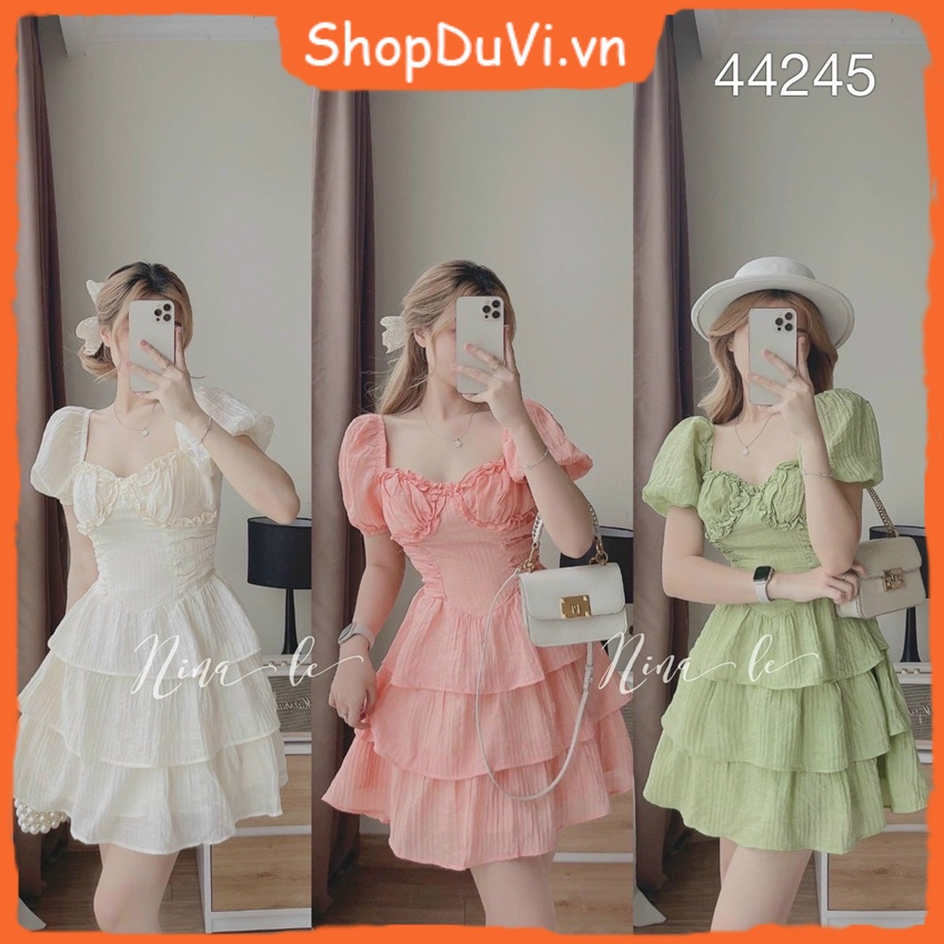 Đầm Cổ Vuông Tay Ngắn Phồng Dạng Đầm Không Quá Ngắn Xếp Ly Ba tầng Dễ Thương Họa Tiết Bông