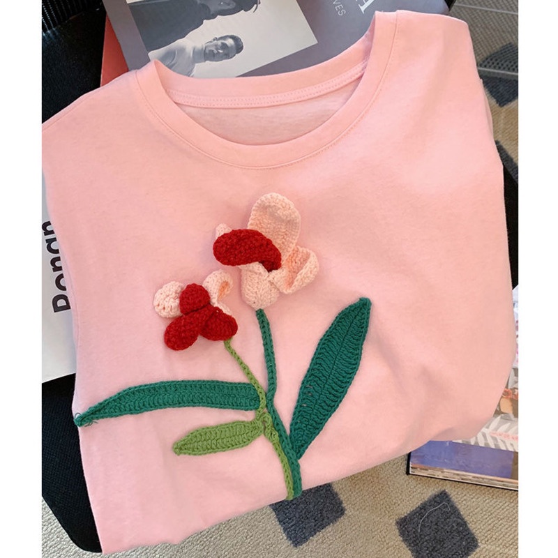 Áo Thun Nữ Tay Ngắn In Hình Hoa tulip Hồng Thời Trang Hàn Quốc