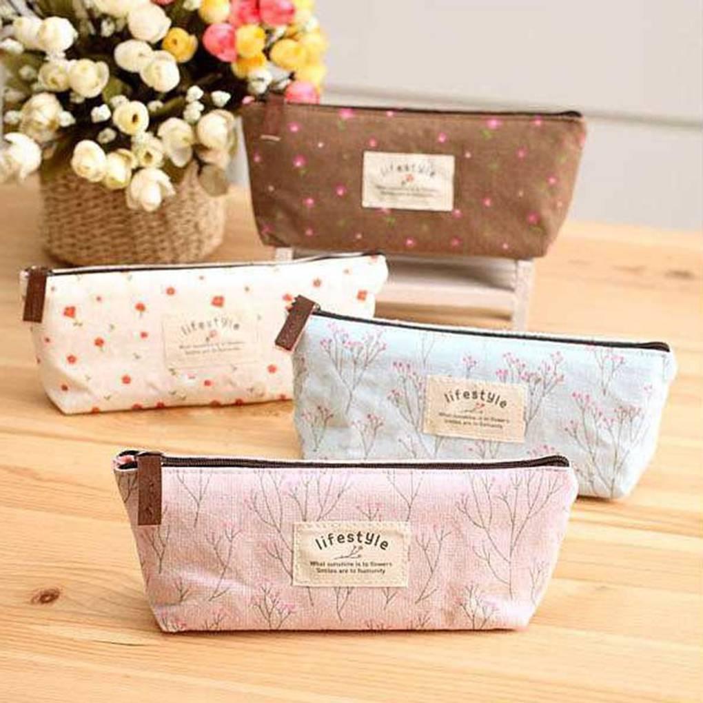Túi Đựng Bút / Mỹ Phẩm Bằng Vải canvas Họa Tiết Hoa Xinh Xắn Tiện Dụng