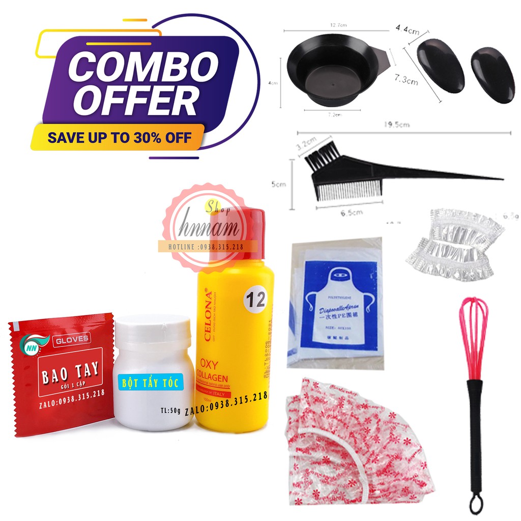 Combo Offer Bột Tẩy Tóc Lọ 60gam + Oxy 12% + 1 Cặp Bao Tay + Phụ Kiện 7 Món Đi Kèm