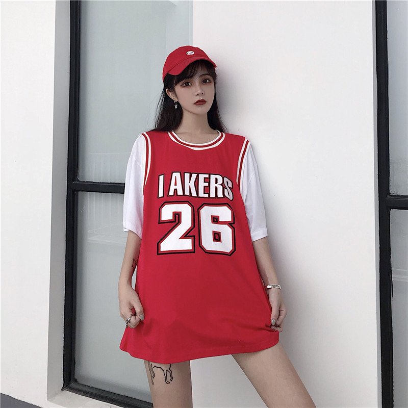 Áo thun unisex form rộng phối tay lỡ bóng rổ số 26 in chữ freesize 2 màu  1stclothes