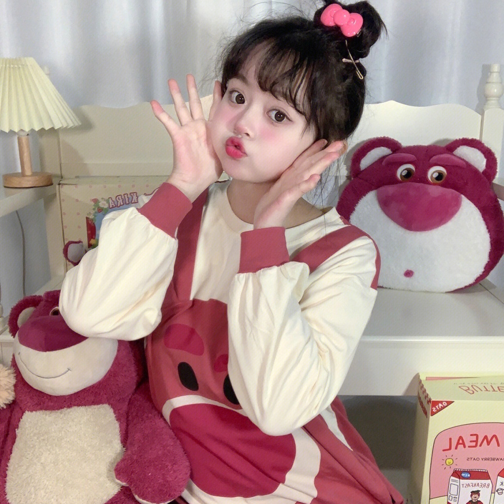 Bộ Đồ Ngủ Liền Thân Vải Cotton Dáng Rộng In Hoạt Hình Gấu Dâu Tây Dễ Thương Cho Nữ